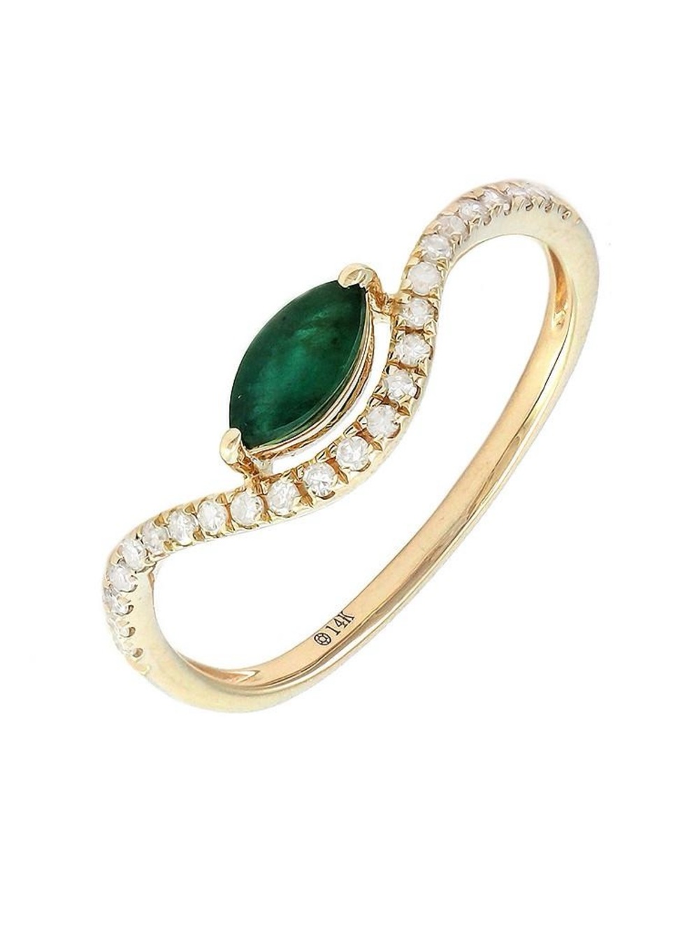 14K Real Yellow Gold Marquise Prong Emerald & Diamond Ring 6.5"